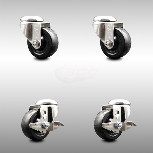 3 Inch 316SS Hard Rubber Wheel Swivel Bolt Hole Caster Brakes SCC, 2PK